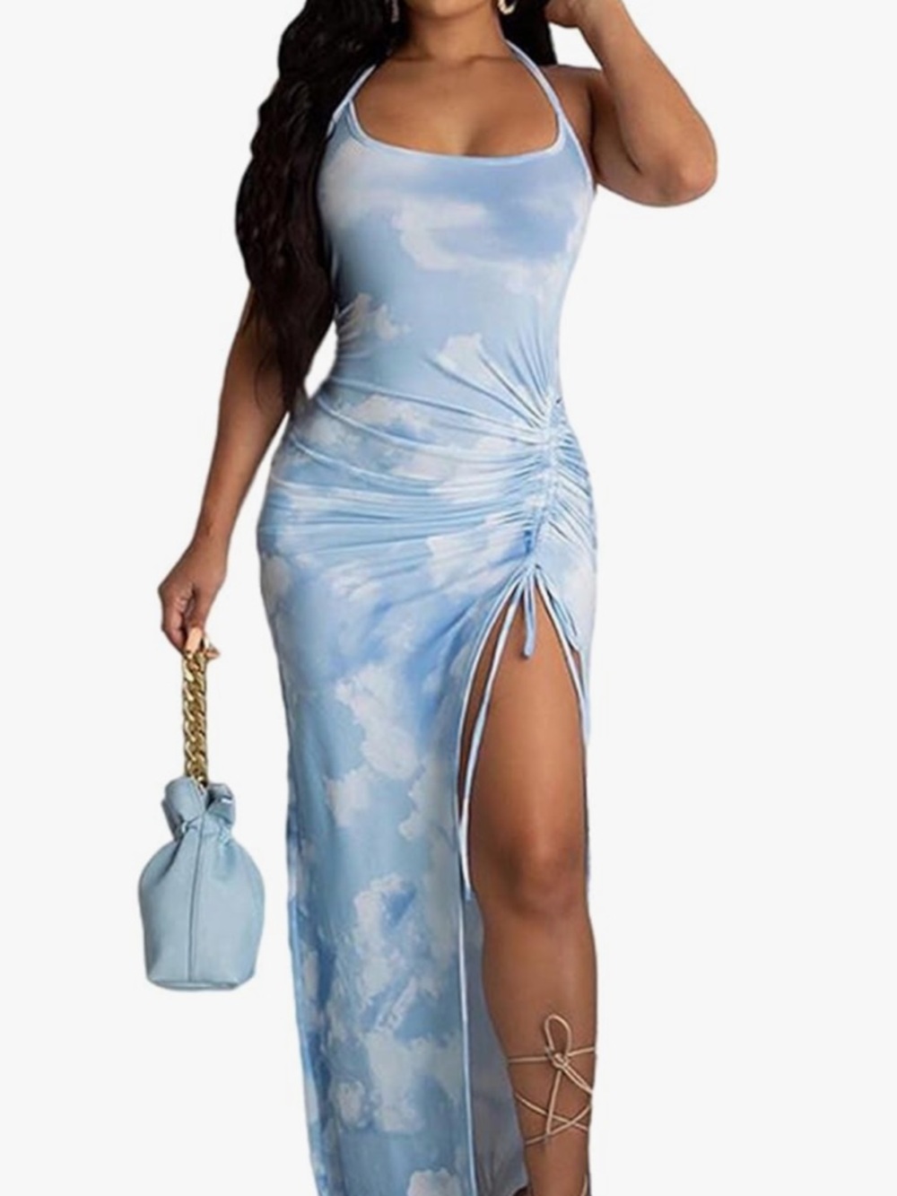 Chic Nation Light Blue Cloud-Print Halter Maxi Dress with Side Ruched Slit